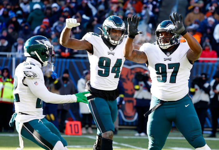 Dec 18, 2022; Chicago, Illinois, USA; Philadelphia Eagles defensive tackle Javon Hargrave (97) reacts after a play against the Chicago Bears during the second half at Soldier Field. Mandatory Credit: Mike Dinovo-USA TODAY Sports